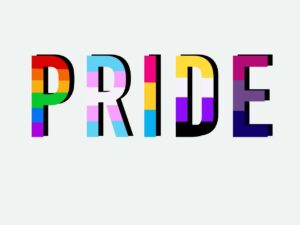 The word pride showing the various LGBTQIA+ colours