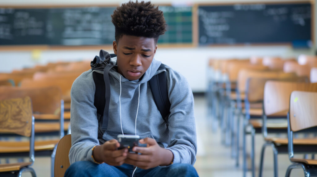 A boy looking at his phone in the context of online influencers and sexism and misogyny in schools